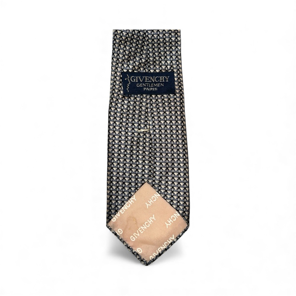 Vintage 80s Silk Givenchy Men’s Blue Cream Geometric Print Tie - Picture 2 of 5